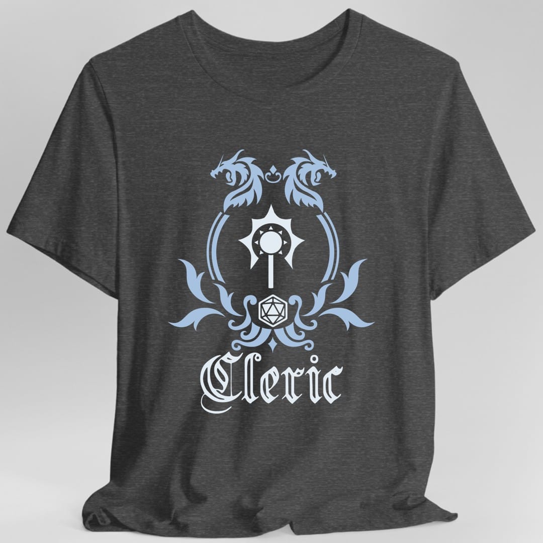 The same Cleric class emblem design, on a dark heather t-shirt.