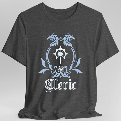 The same Cleric class emblem design, on a dark heather t-shirt.