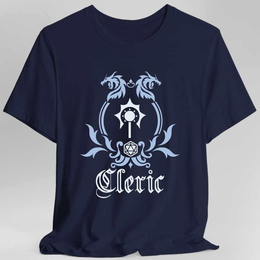 The same Cleric class emblem design, on a navy t-shirt.