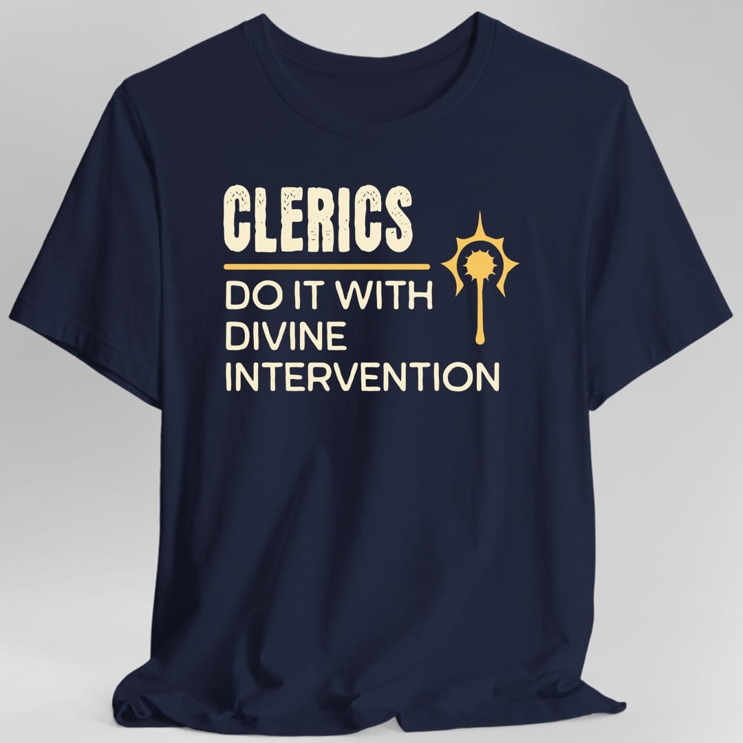 The same Clerics Do It design, on a navy t-shirt.