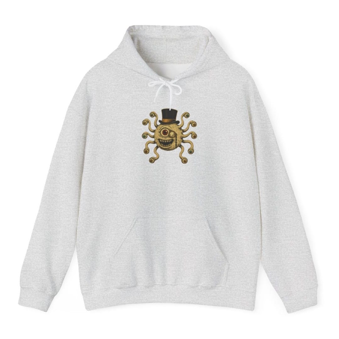 The same Dapper Beholder design, on an ash hoodie.