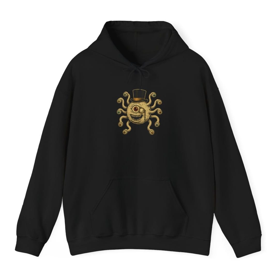 Black hoodie. A beholder, a floating ball of a monster, faces forward with one huge red central eye, a wide grin full of pointed teeth, and ten eyestalks curling out around it. It wears a black top hat. Drawn in fine engraved lines in cream, gold and black.