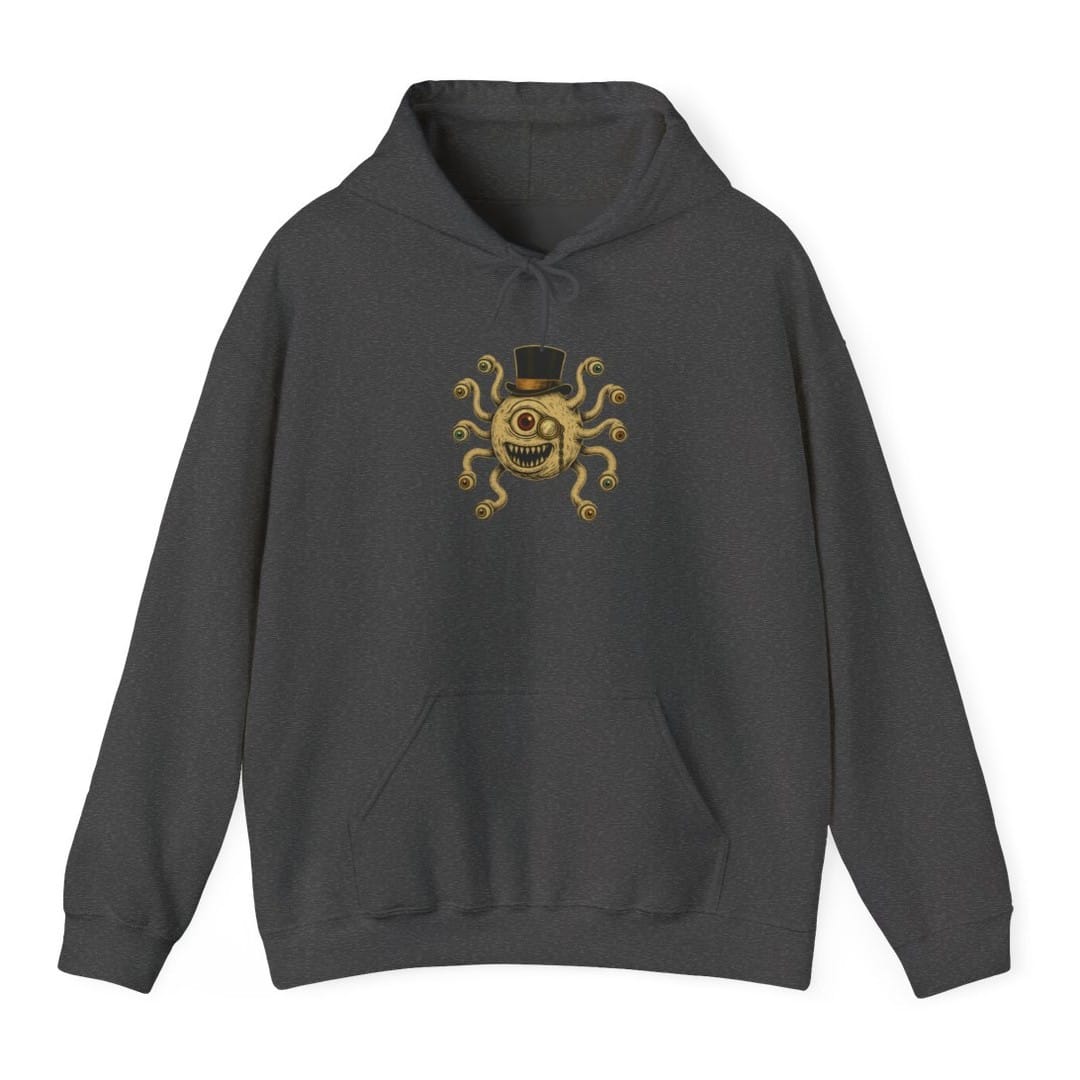 The same Dapper Beholder design, on a dark heather hoodie.
