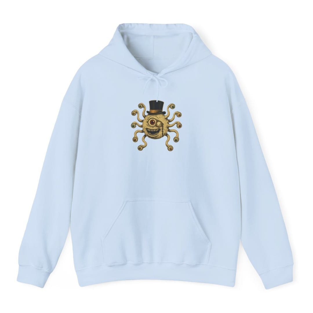 The same Dapper Beholder design, on a light blue hoodie.