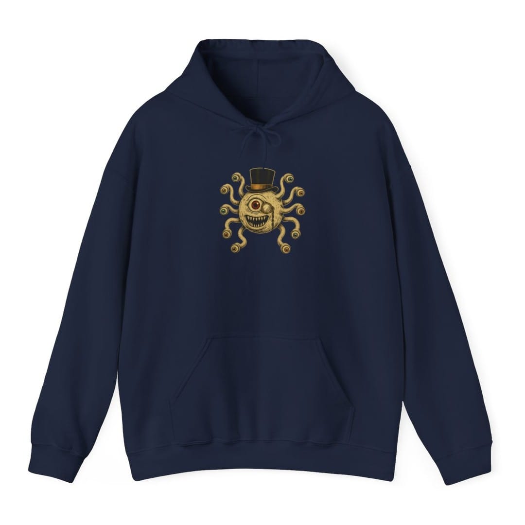 The same Dapper Beholder design, on a navy hoodie.