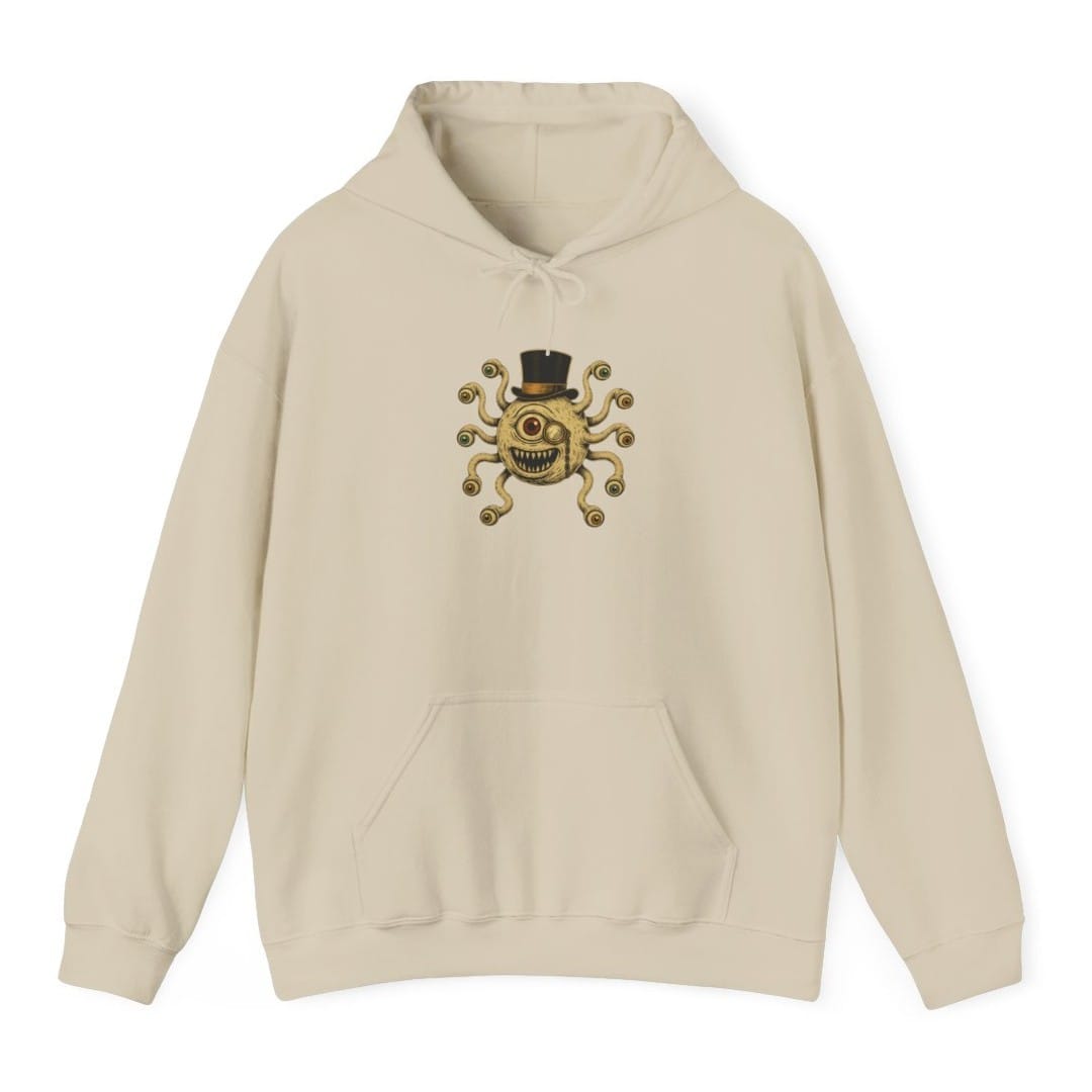The same Dapper Beholder design, on a sand hoodie.