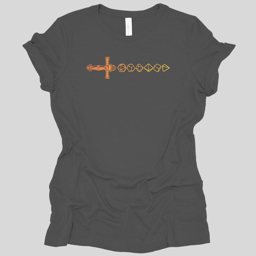 The same Dice sword line, orange design, on an asphalt women's t-shirt.