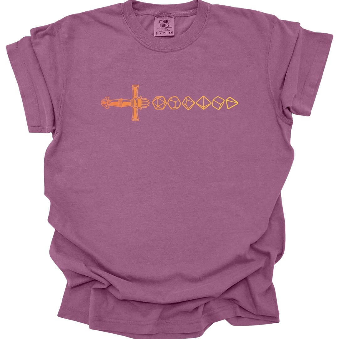 The same Dice sword line, orange design, on a berry t-shirt.