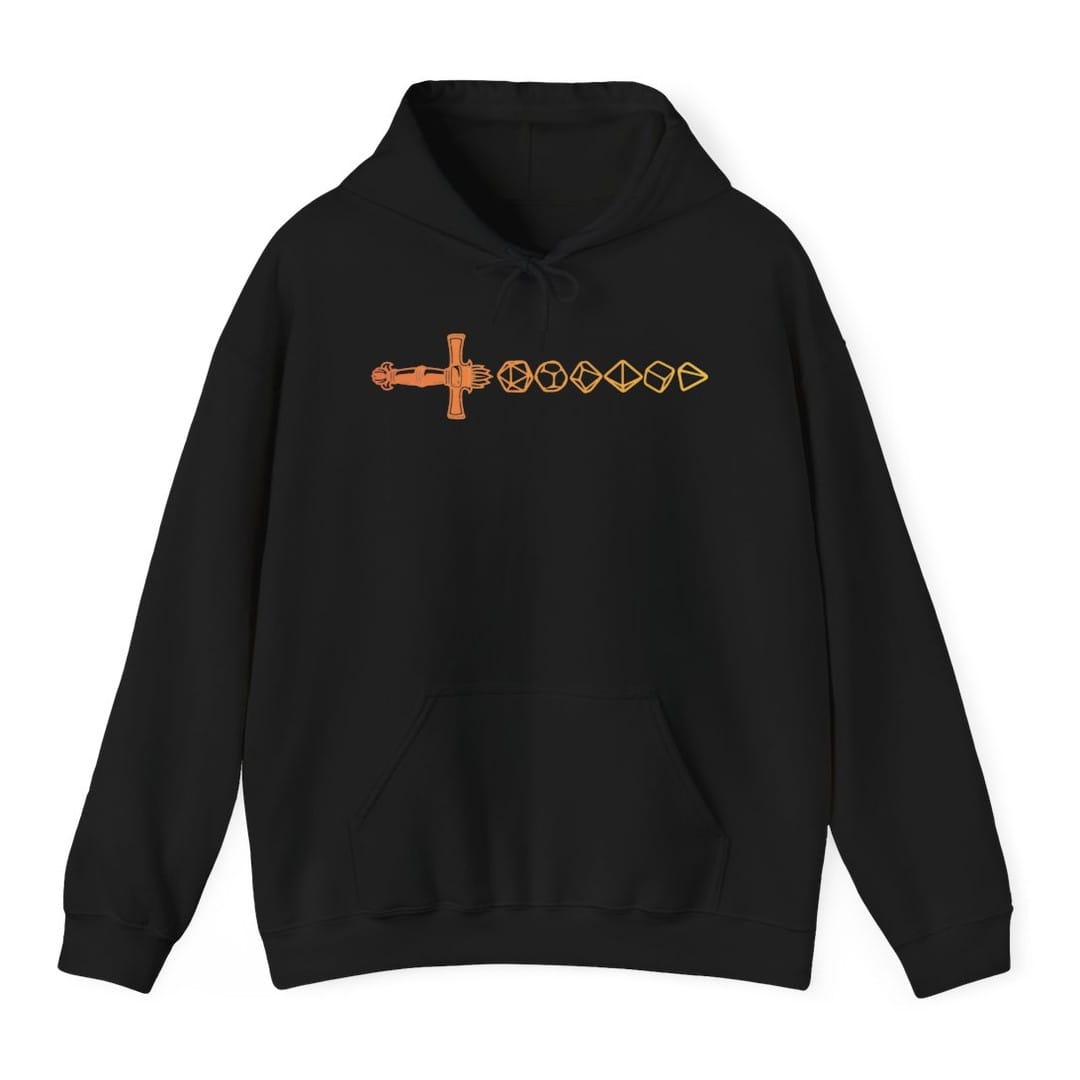 Black hoodie. A single horizontal line across the chest. A small ornate sword points left, then seven polyhedral dice run in a row to the right of it, each a different shape, from a four-sided die up to a twenty-sided one. All drawn as thin outlines in orange and gold. No words.