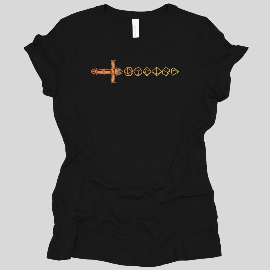 Black women's t-shirt. A single horizontal line across the chest. A small ornate sword points left, then seven polyhedral dice run in a row to the right of it, each a different shape, from a four-sided die up to a twenty-sided one. All drawn as thin outlines in orange and gold. No words.