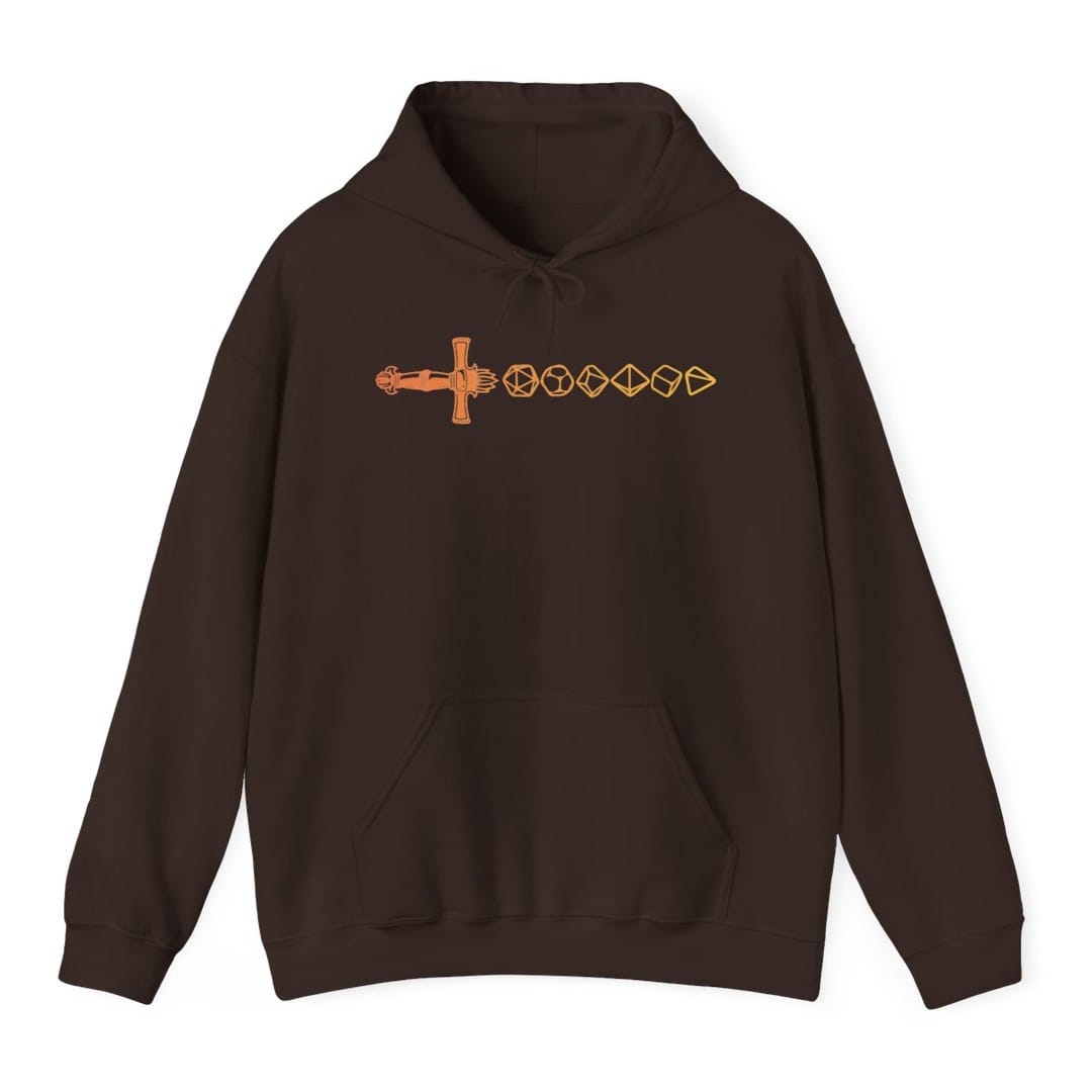 The same Dice sword line, orange design, on a dark chocolate hoodie.