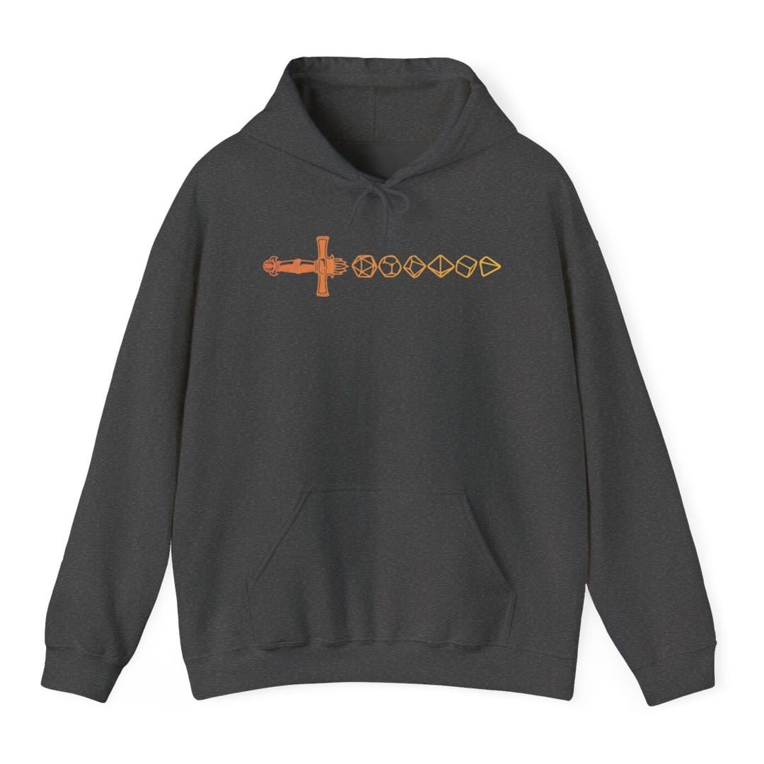 The same Dice sword line, orange design, on a dark heather hoodie.