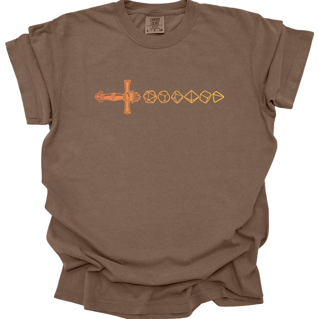 The same Dice sword line, orange design, on an espresso t-shirt.