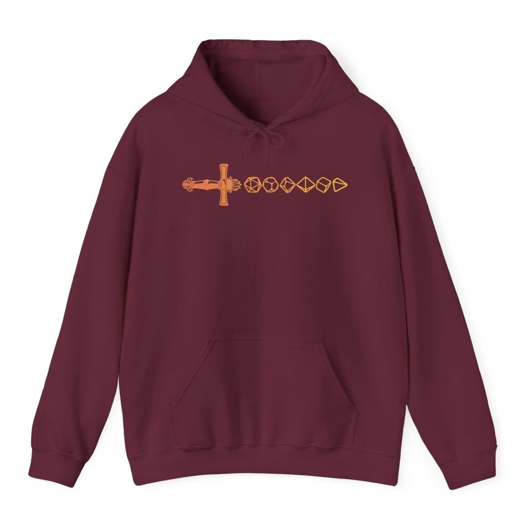 The same Dice sword line, orange design, on a maroon hoodie.