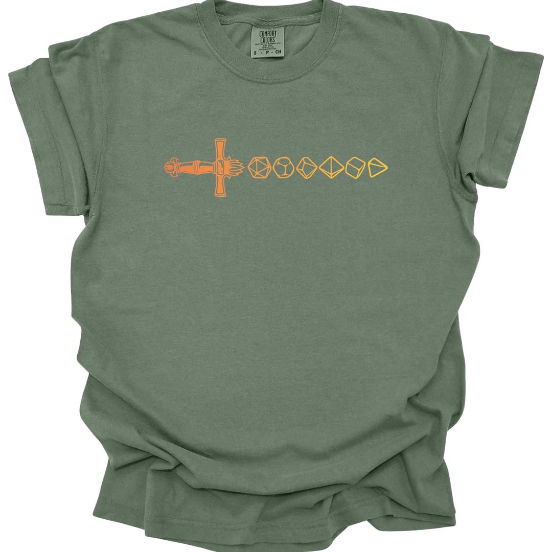 The same Dice sword line, orange design, on a moss t-shirt.