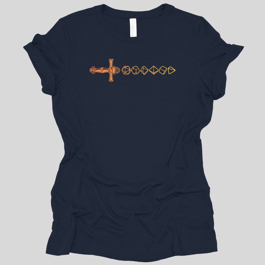 The same Dice sword line, orange design, on a navy women's t-shirt.