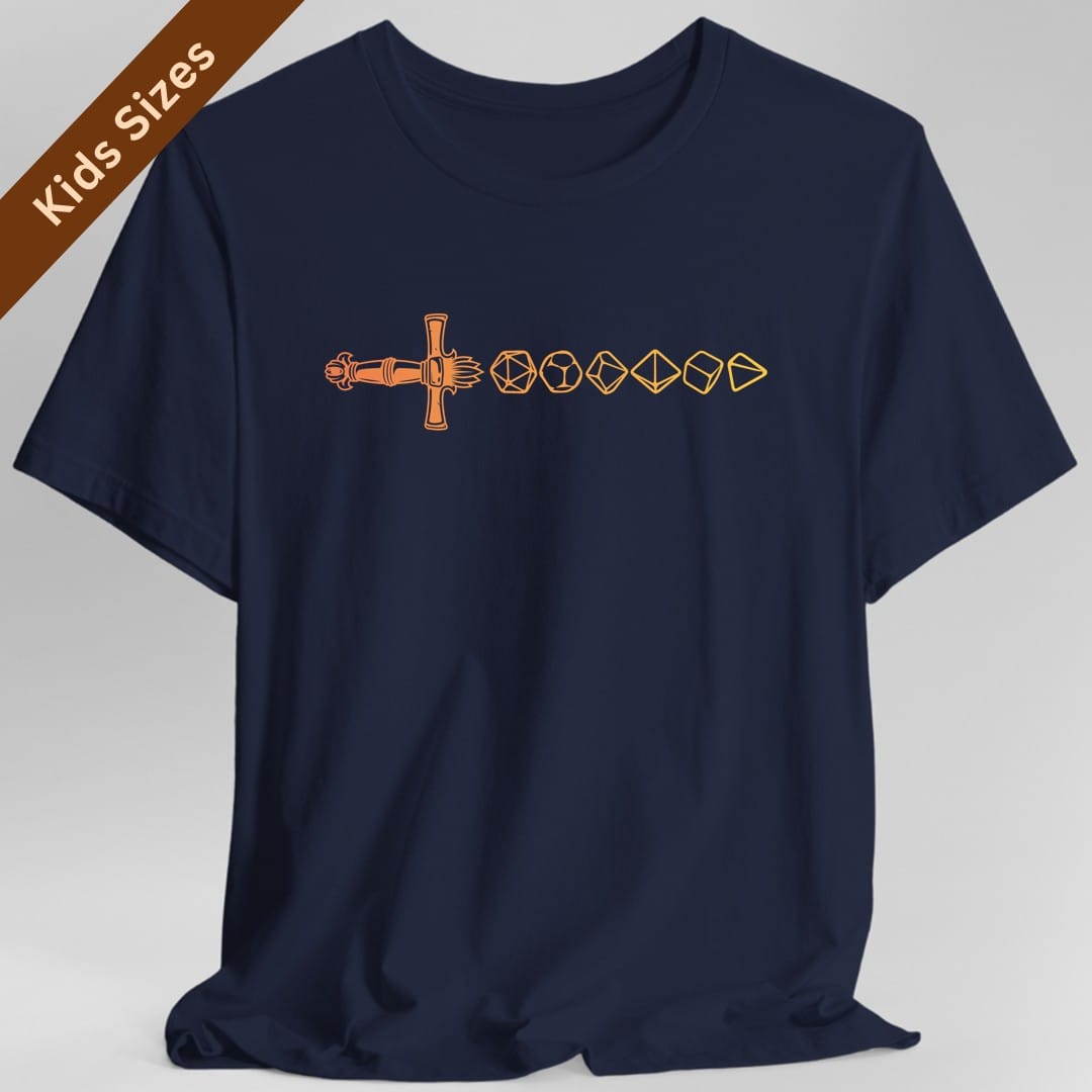 The same Dice sword line, orange design, on a navy kids t-shirt.
