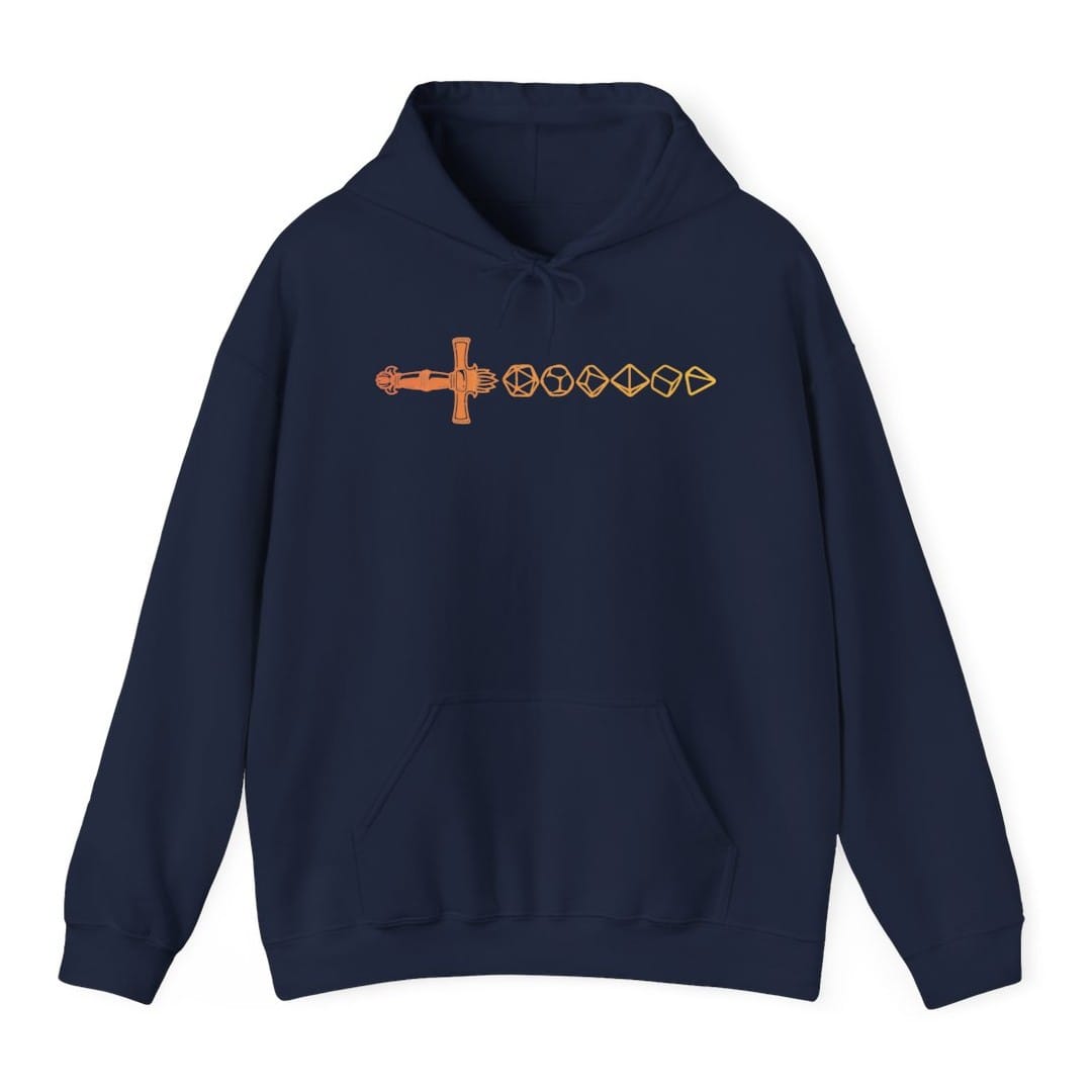The same Dice sword line, orange design, on a navy hoodie.
