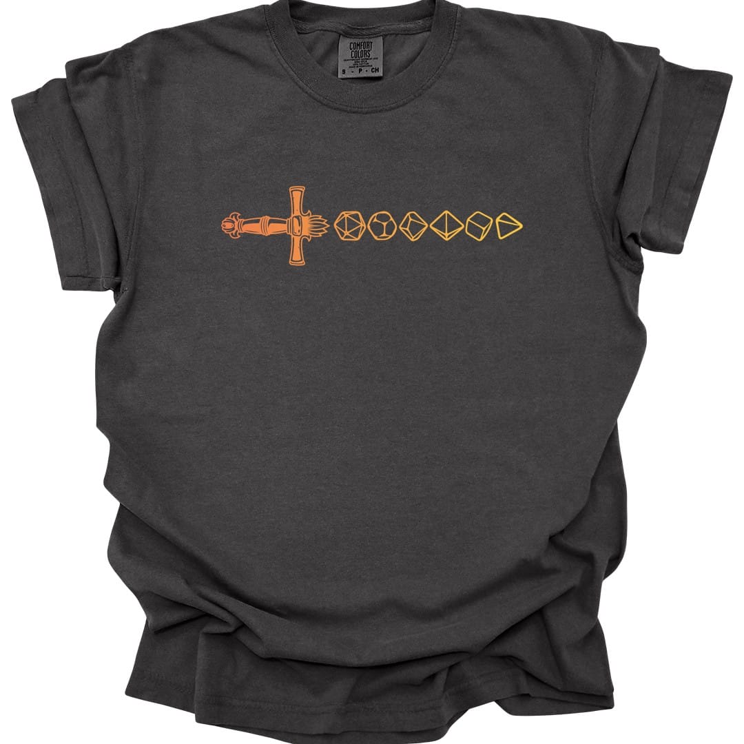 The same Dice sword line, orange design, on a pepper t-shirt.