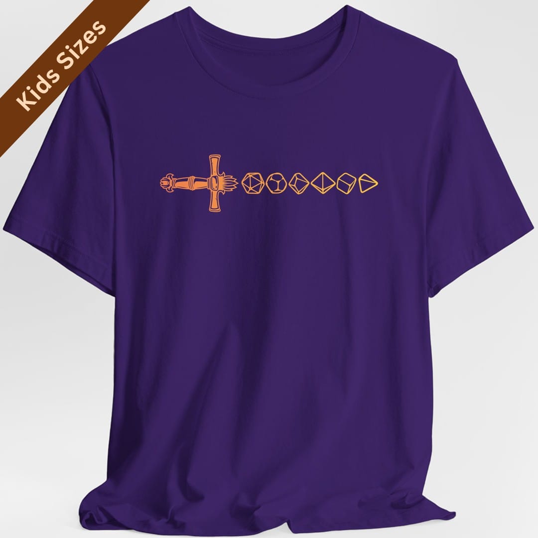 The same Dice sword line, orange design, on a purple kids t-shirt.