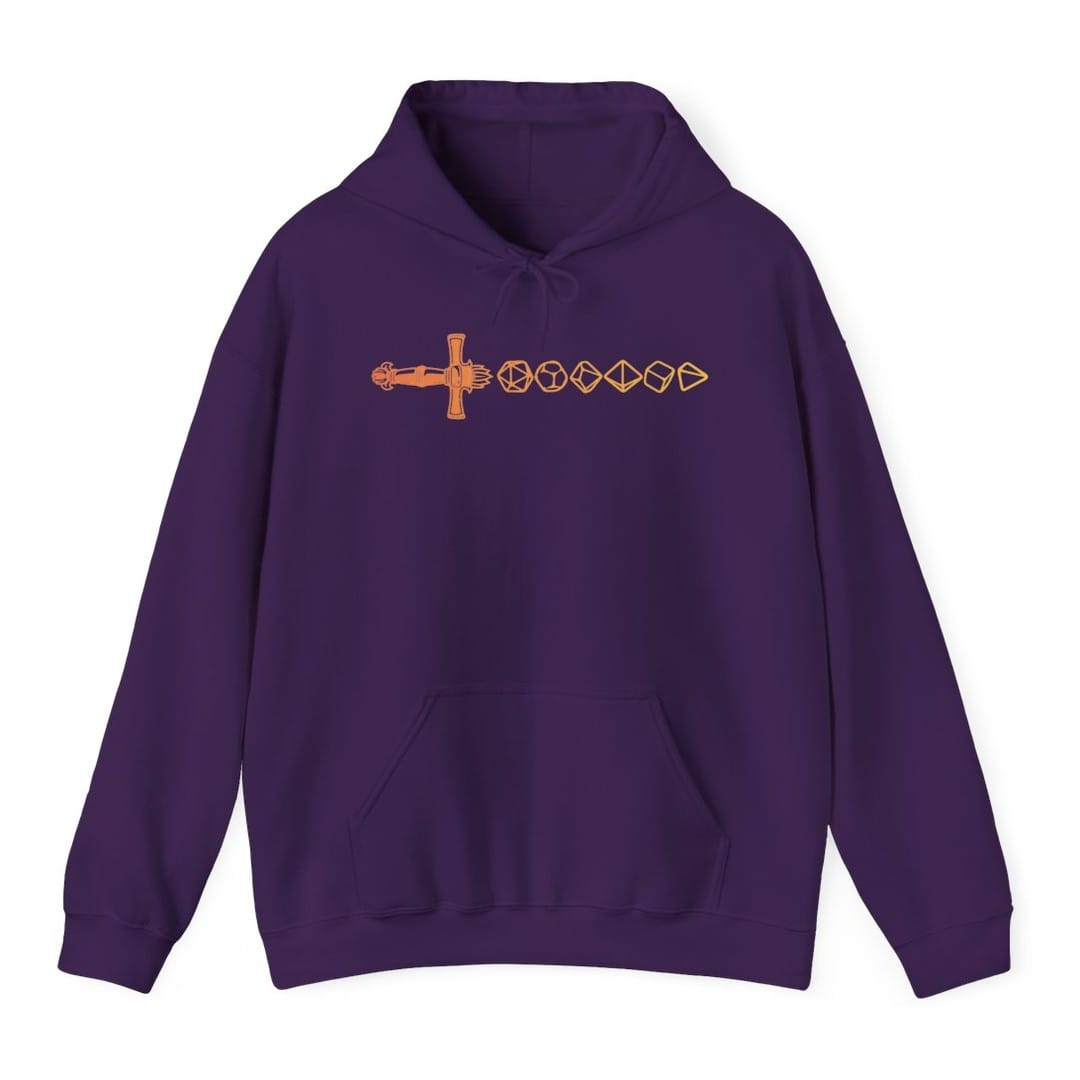 The same Dice sword line, orange design, on a purple hoodie.