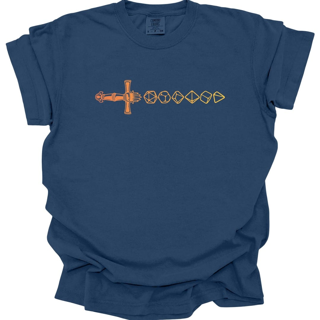 The same Dice sword line, orange design, on a true navy t-shirt.