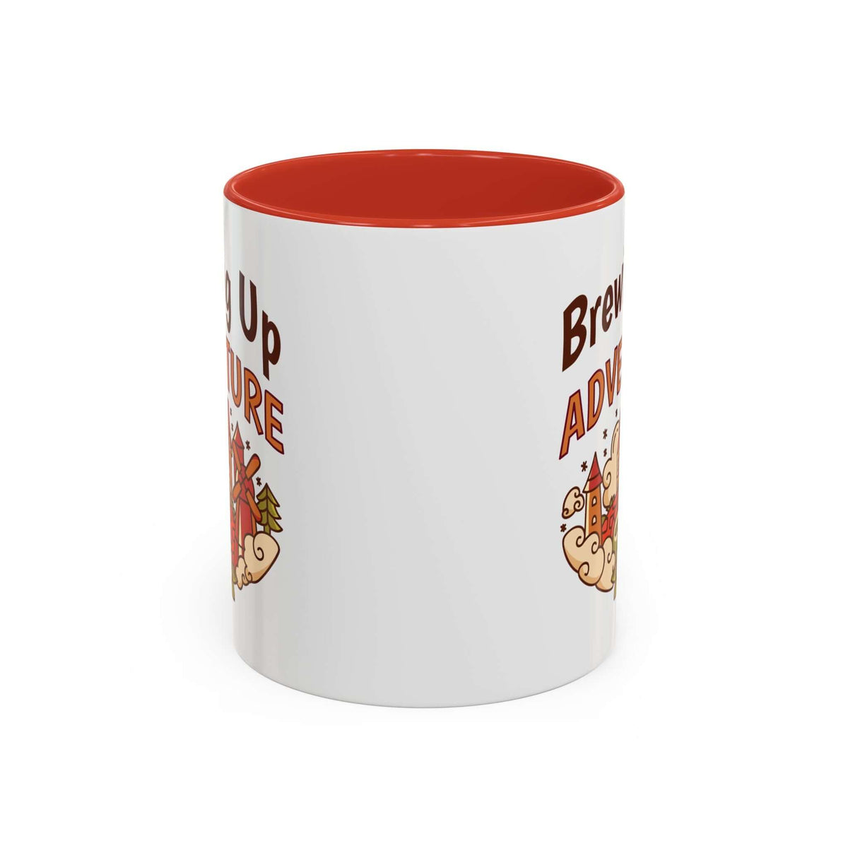 The 11 ounce mug with a red handle turned so the handle is at the back, showing the edges of the design on each side with plain white between them.