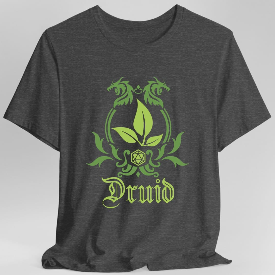 The same Druid class emblem design, on a dark heather t-shirt.