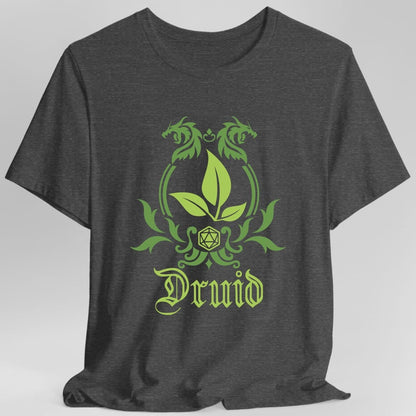 The same Druid class emblem design, on a dark heather t-shirt.
