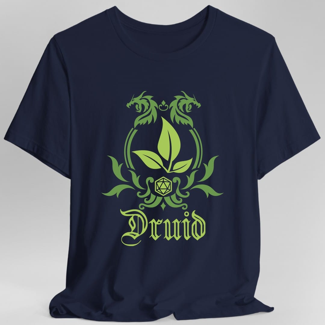 The same Druid class emblem design, on a navy t-shirt.