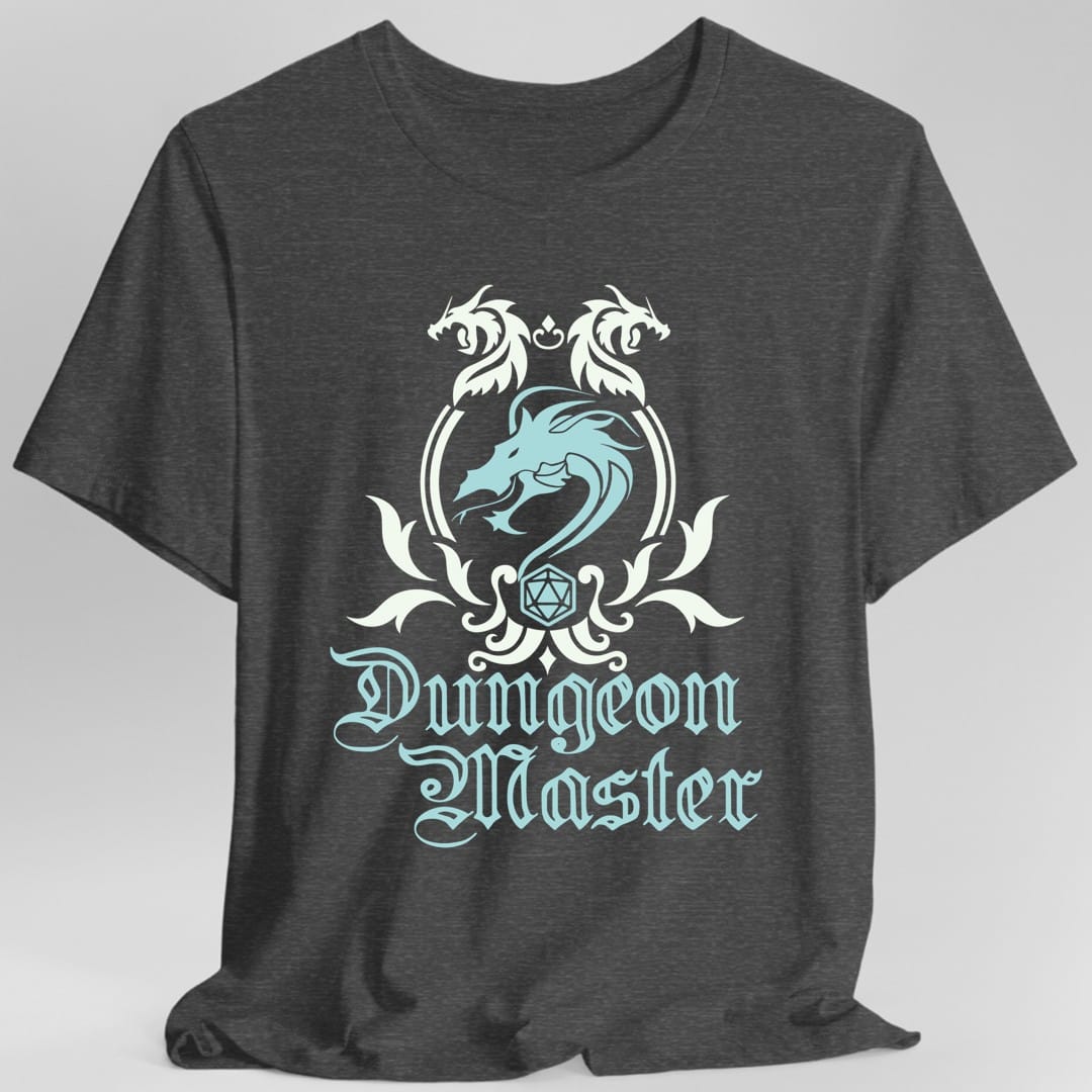 The same Dungeon Master emblem design, on a dark heather t-shirt.