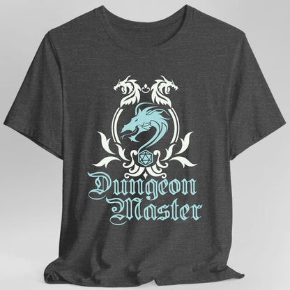 The same Dungeon Master emblem design, on a dark heather t-shirt.