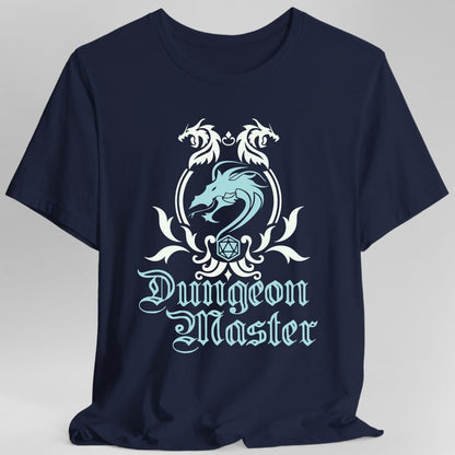 The same Dungeon Master emblem design, on a navy t-shirt.