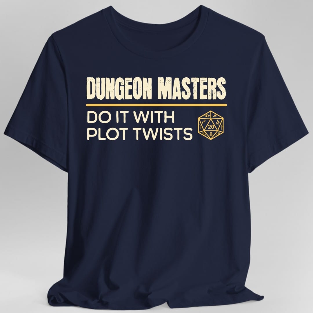 The same Dungeon Masters Do It design, on a navy t-shirt.