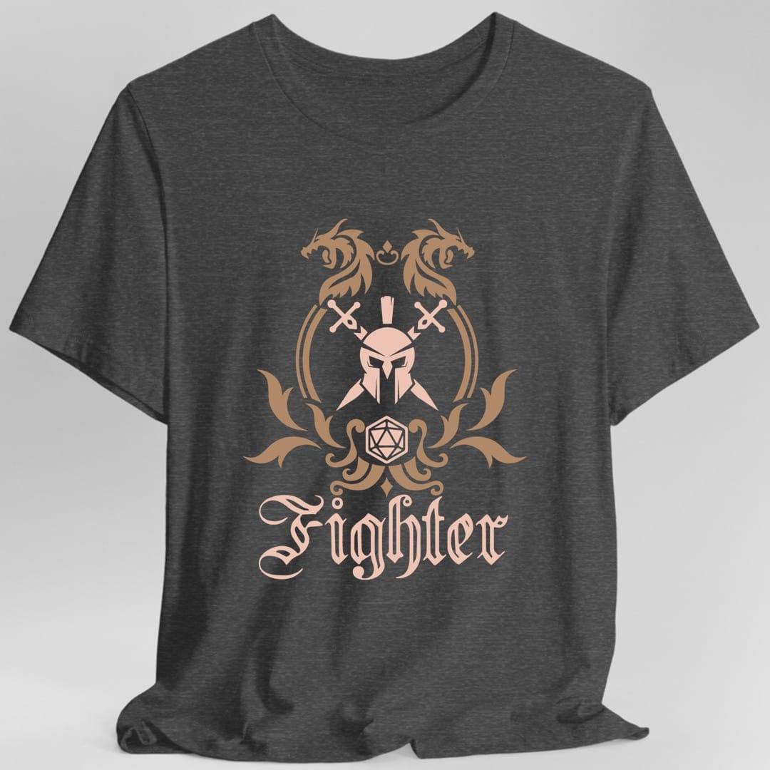 The same Fighter class emblem design, on a dark heather t-shirt.