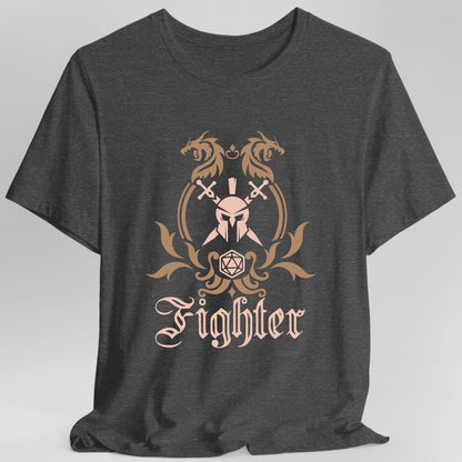 The same Fighter class emblem design, on a dark heather t-shirt.