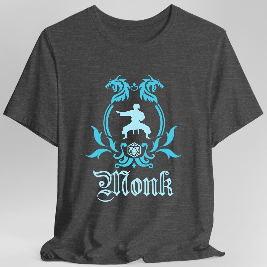 The same Monk class emblem design, on a dark heather t-shirt.