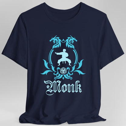 The same Monk class emblem design, on a navy t-shirt.