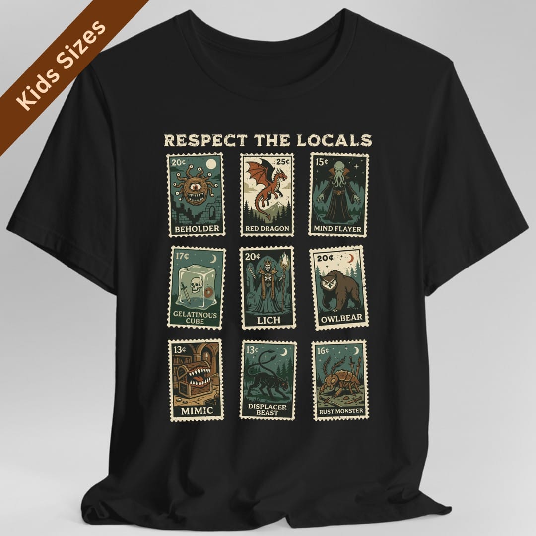 Black kids t-shirt. Reads "Respect the locals" across the top. Below, nine postage stamps in a grid, each with a price in the corner and a monster illustrated on it, labeled Beholder, Red Dragon, Mind Flayer, Gelatinous Cube, Lich, Owlbear, Mimic, Displacer Beast and Rust Monster. Muted vintage colors.