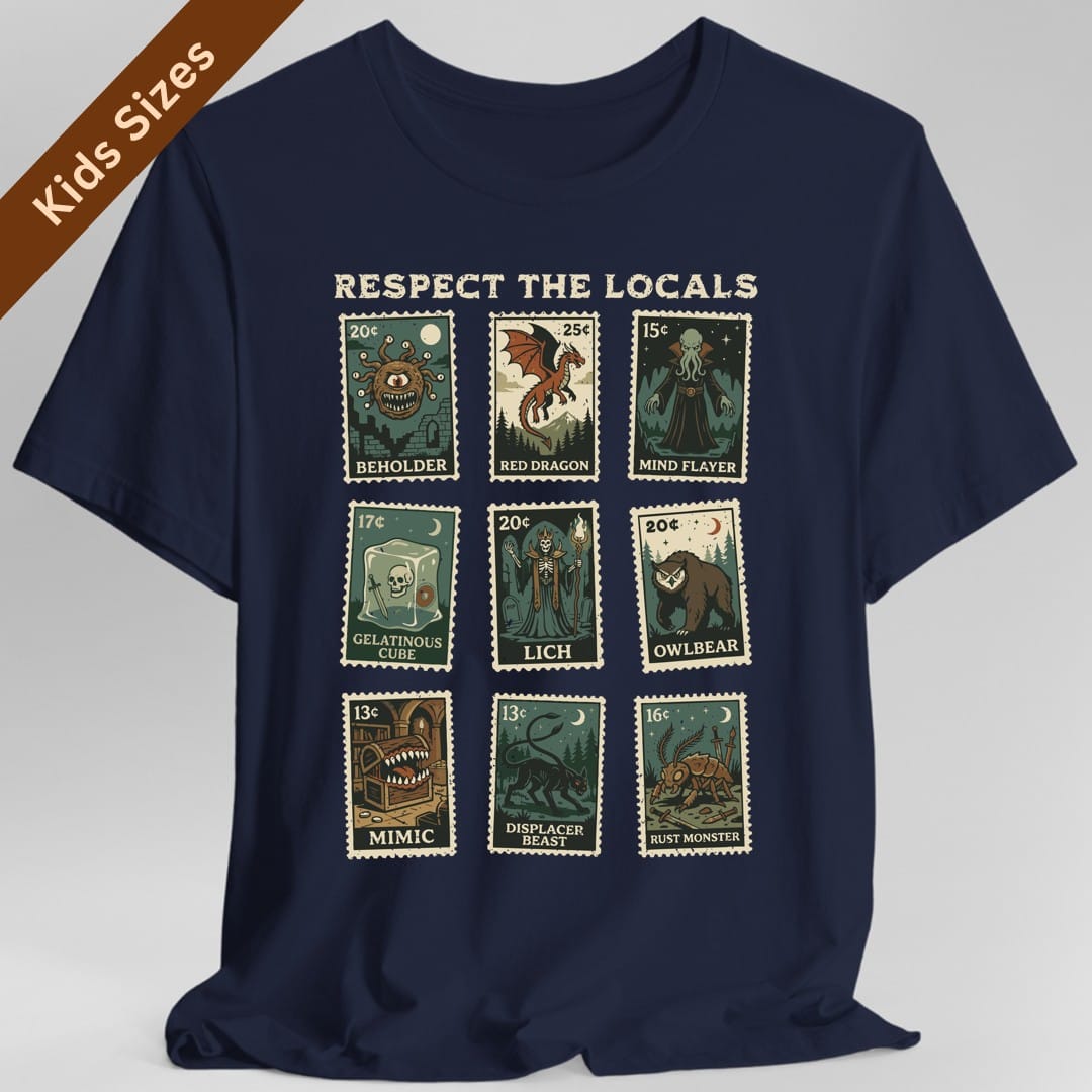 The same Respect the Locals stamps design, on a navy kids t-shirt.