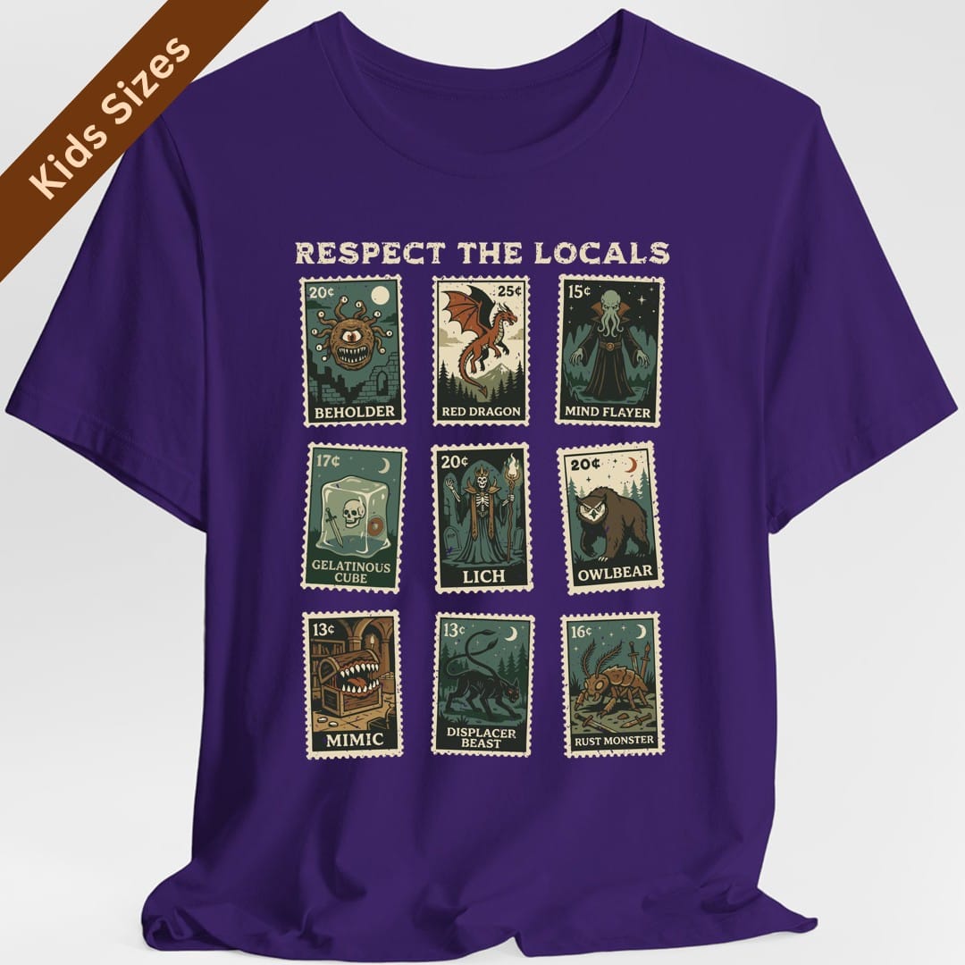 The same Respect the Locals stamps design, on a purple kids t-shirt.