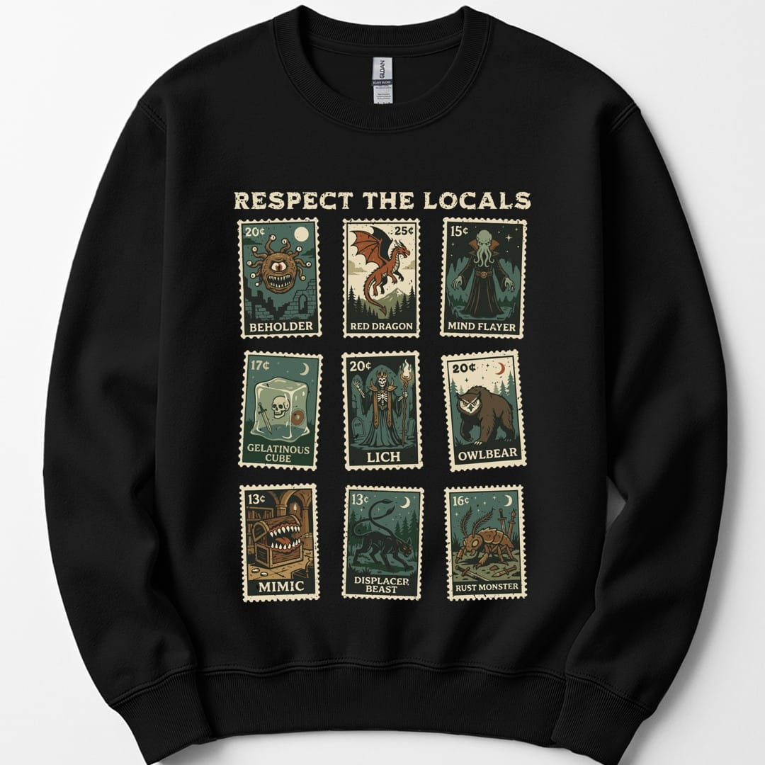 Black sweatshirt. Reads "Respect the locals" across the top. Below, nine postage stamps in a grid, each with a price in the corner and a monster illustrated on it, labeled Beholder, Red Dragon, Mind Flayer, Gelatinous Cube, Lich, Owlbear, Mimic, Displacer Beast and Rust Monster. Muted vintage colors.