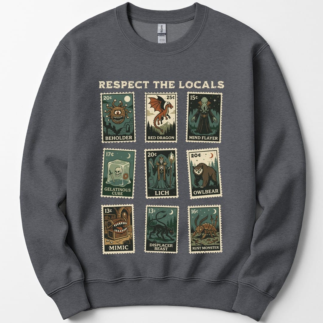 The same Respect the Locals stamps design, on a dark heather sweatshirt.