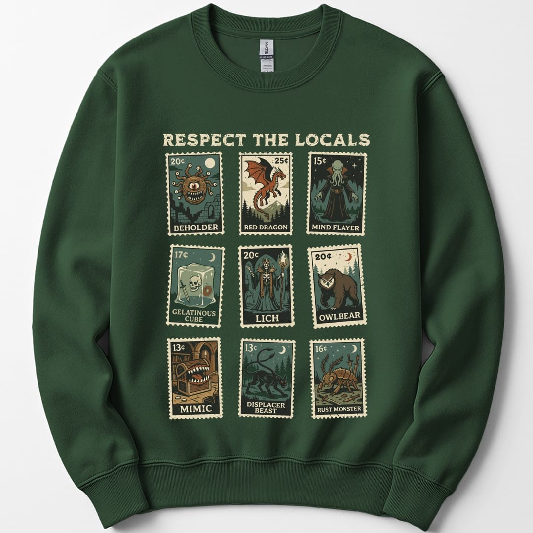 The same Respect the Locals stamps design, on a forest green sweatshirt.