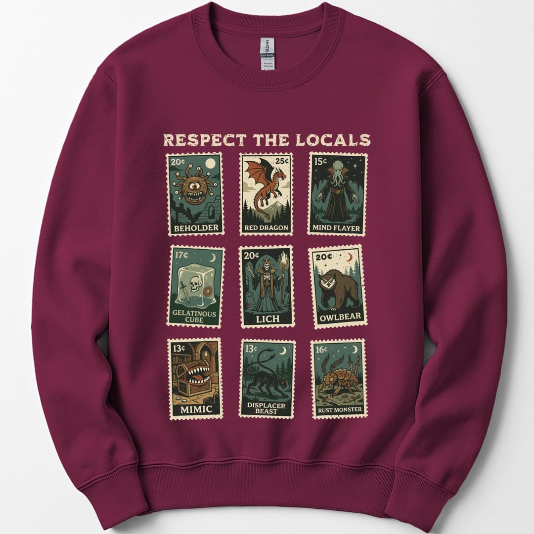 The same Respect the Locals stamps design, on a maroon sweatshirt.