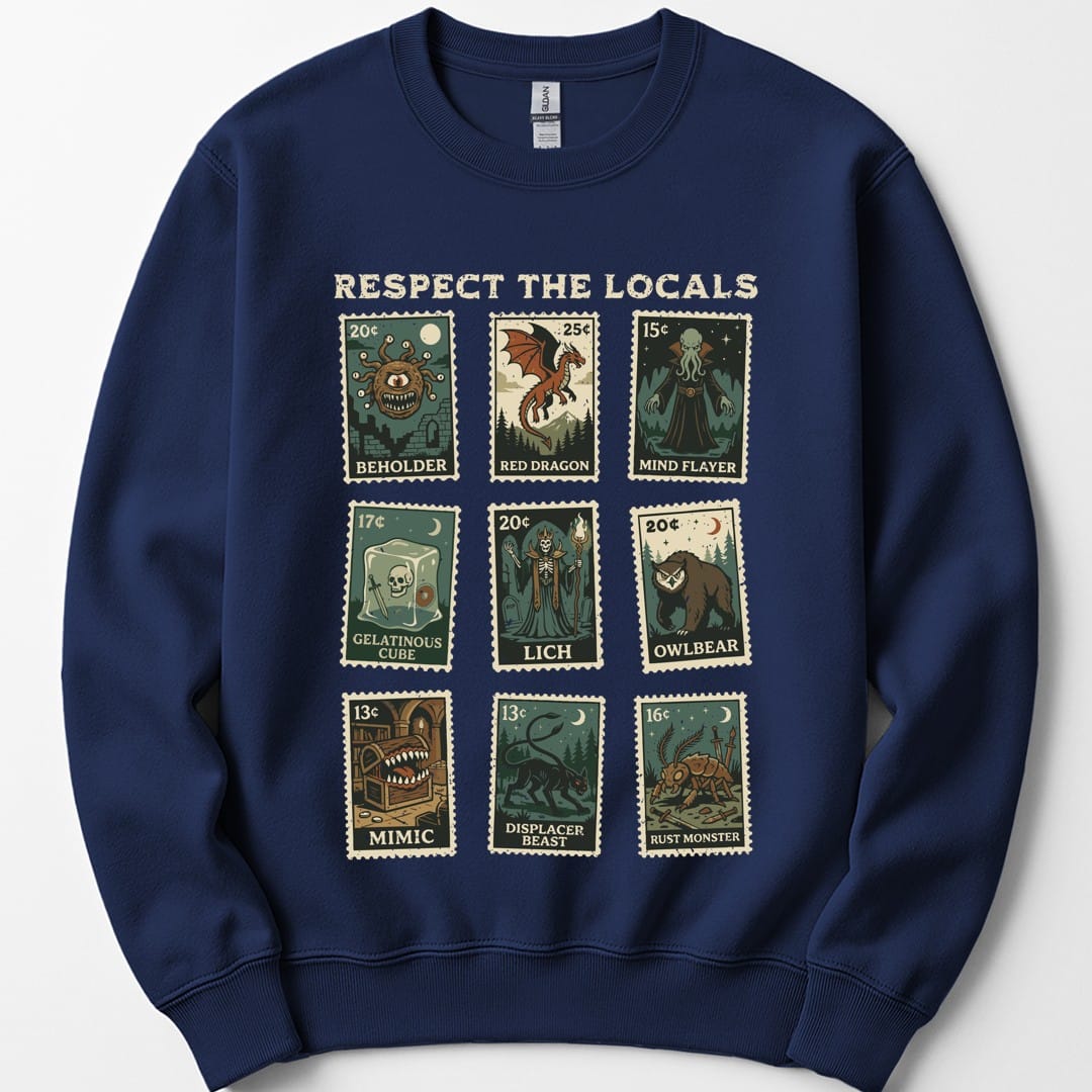 The same Respect the Locals stamps design, on a navy sweatshirt.