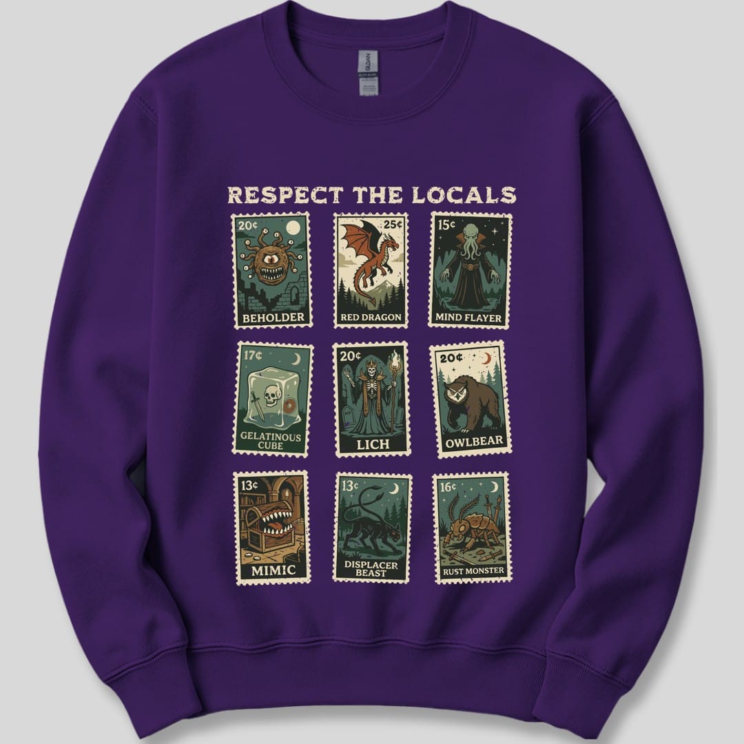 The same Respect the Locals stamps design, on a purple sweatshirt.