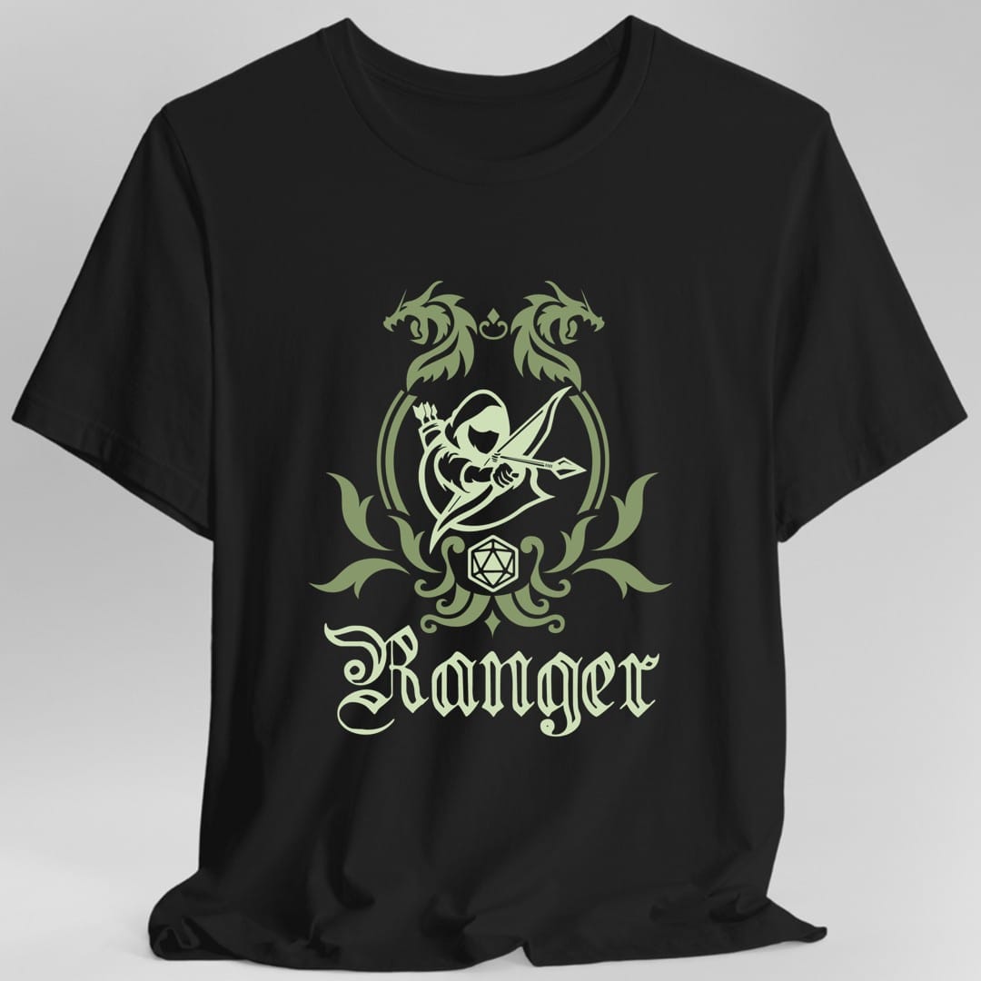 Black t-shirt. A heraldic crest drawn entirely in olive green on a plain background. Two dragons face each other over an arched frame, an archer drawing a bow sits inside the arch, and a twenty-sided die hangs below it between leafy flourishes. Underneath, "Ranger" in an ornate blackletter script.
