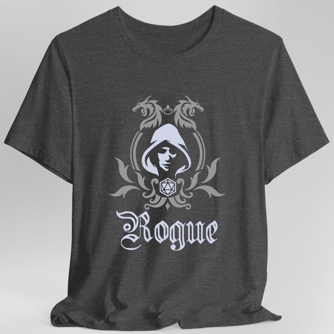 The same Rogue class emblem design, on a dark heather t-shirt.