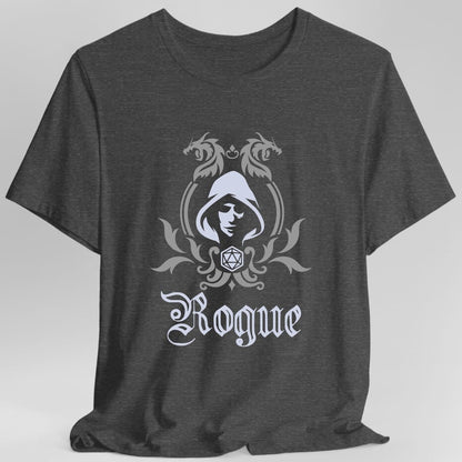 The same Rogue class emblem design, on a dark heather t-shirt.